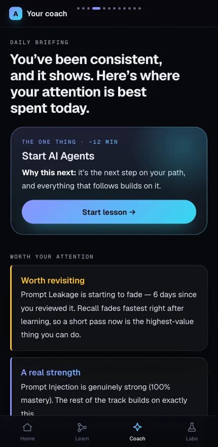 The Career IQ coach screen on a phone: a daily briefing, a highlighted next lesson card, and colour-coded insight cards flagging a topic that is fading and one that is a genuine strength.