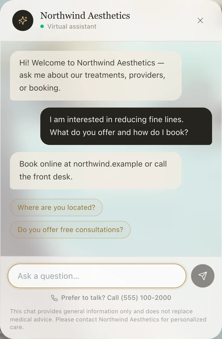 The website assistant open on a demo business, answering a visitor question about treatments and pointing them to booking.