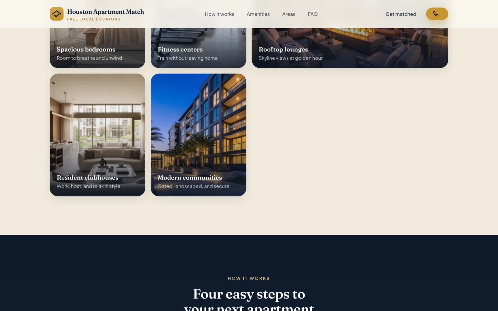 An amenities grid of photographed tiles — spacious bedrooms, fitness centers, rooftop lounges, resident clubhouses, modern communities — above the start of a dark How it works section.