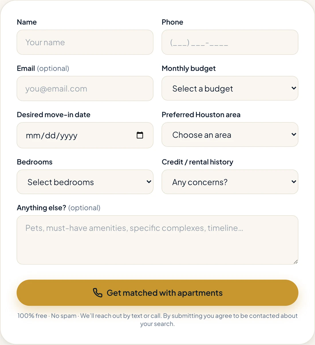 The matching form: name, phone, optional email, monthly budget, desired move-in date, preferred Houston area, bedrooms, a credit and rental history question, and an optional free-text field, above a Get matched with apartments button.